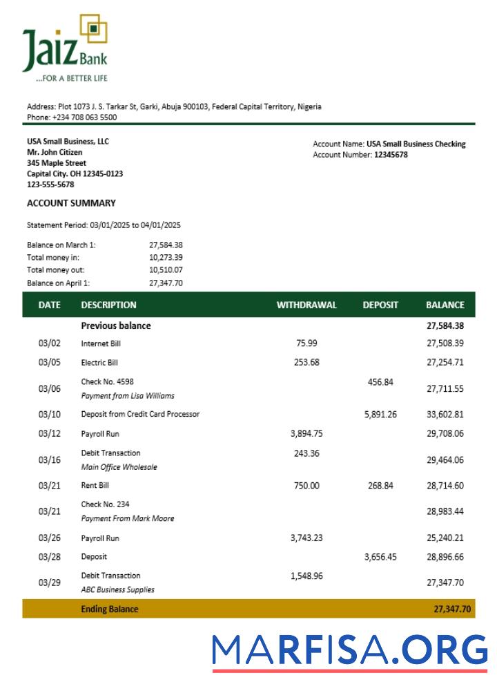 Blank Jaiz business bank statement Word and PDF format (1) download for verification